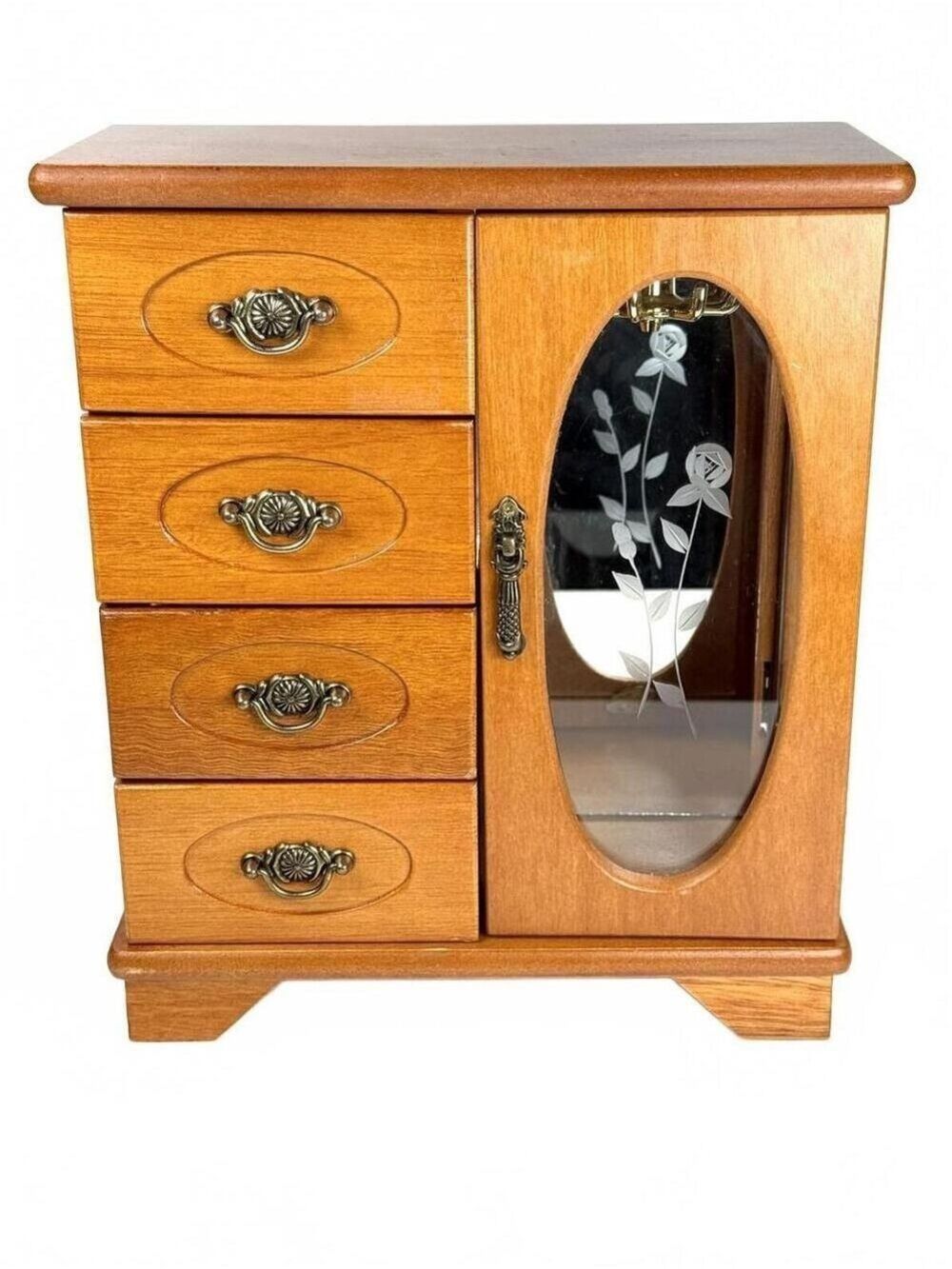 Vintage Etched Flowers Glass Jewelry Wood Armoire Box Mirror Rotating Hooks